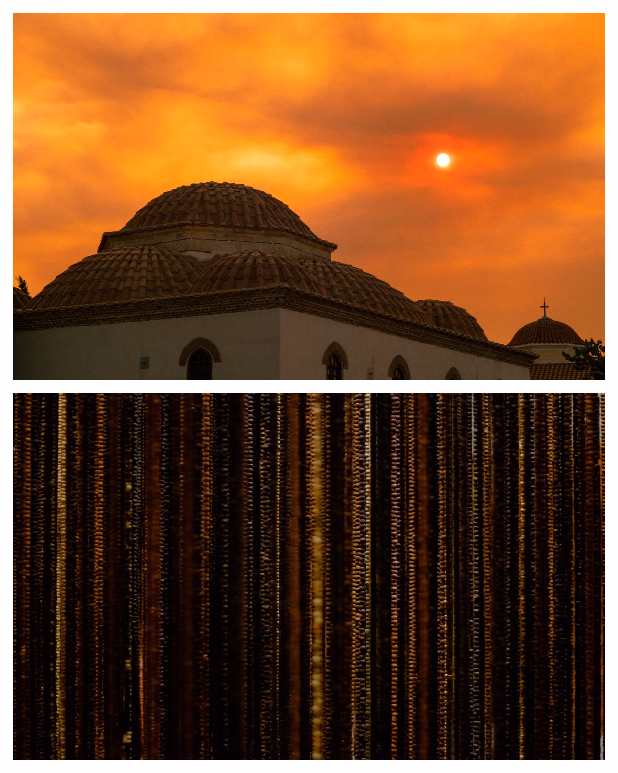 2024 Greek Wildfires change color of sky - near Hadrian's Library, Athens / Montien Boonma’s “House of Hope” at MOMA, NYC