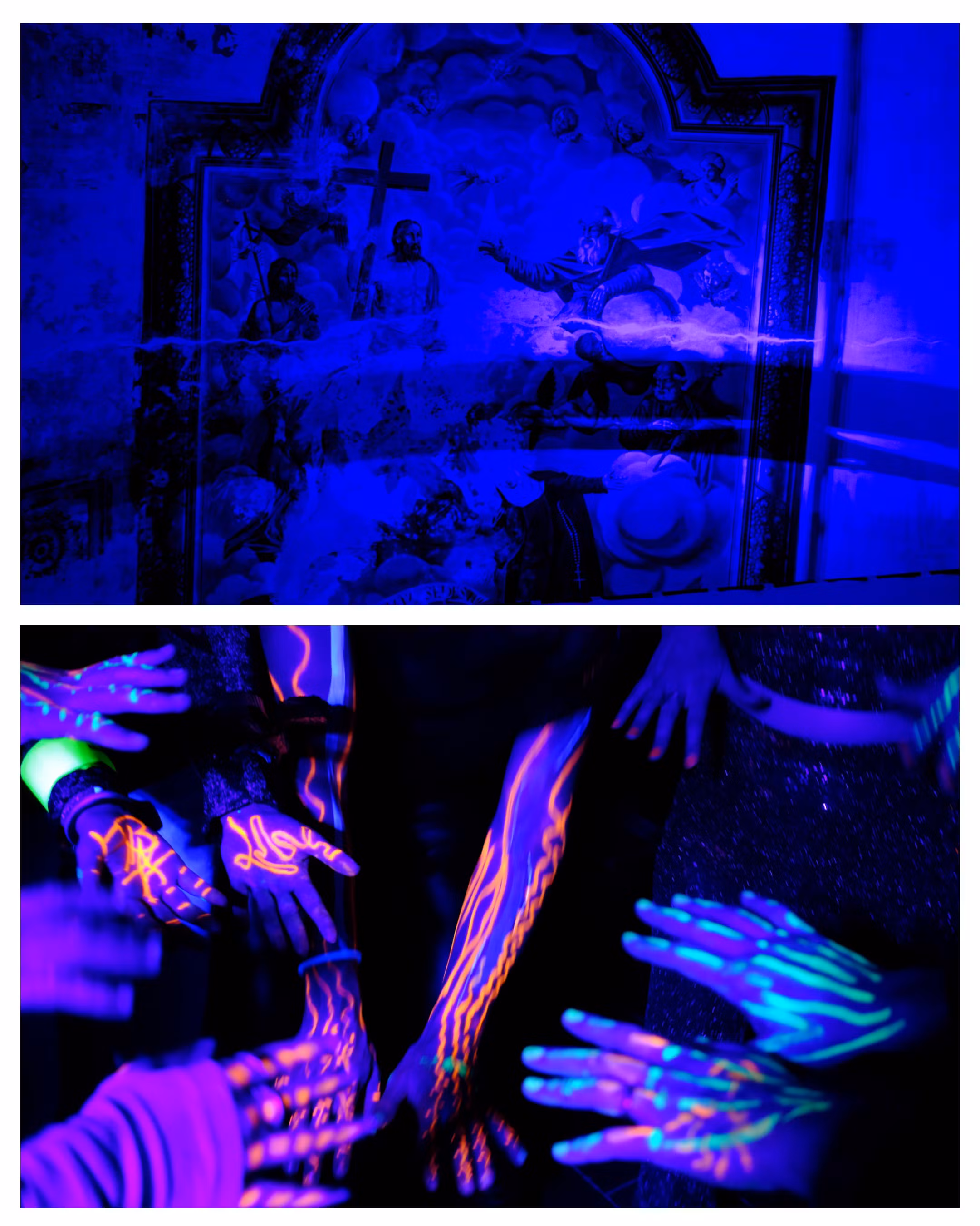 A party hosted by Piña at the desacrilized Oratorio di Santa Brigida, Sanremo, IT / Glow Pigment at Rachel’s 30th, Lille, France